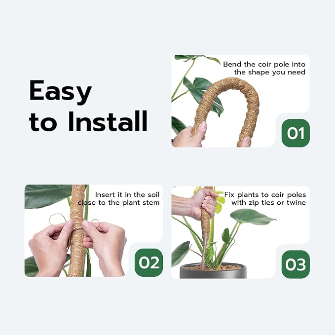 Mcbazel Bendable Moss Pole for Plants 47 Inch, Monstera Plant Support Stake with 7mm Aluminum Core, Coconut Coir Climbing Pole for Monstera Pothos Philodendron, Complete Kit with Ties & Rope