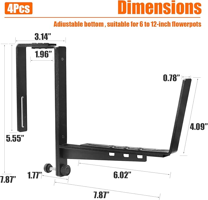 4 Pcs Adjustable Railing Planter Boxes Brackets,Heavy Duty Iron Window Box Planters Holder Outdoor for Railings,Windowsill,Patio,Deck,Garden,Balcony,Fence,Wall,Porch,Black