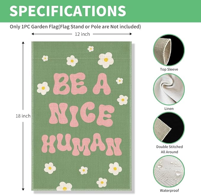 Perfectinsoy Be A Nice Human Garden Flag, Kindness Yard Flag, Community Welcome House Yard Home Holiday Farmhouse Patio Porch Lawn Decor, Floral Garden Flag Gifts, Be Nice Garden Banner