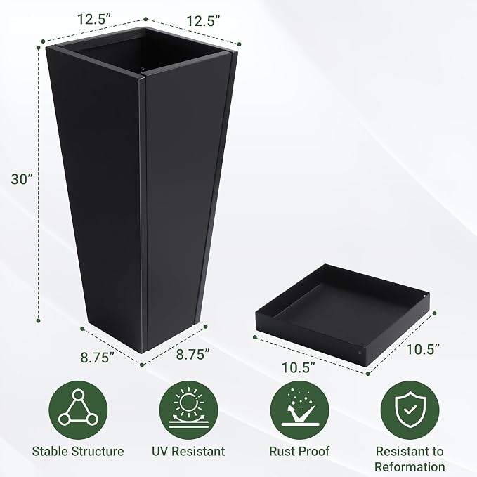 30" Metal Tall Outdoor Planters Set of 2, Durable & Wealtherproof | Tall Planters with Drainage Insert Shelve & Trays, Black Outdoor Planters for Porch, Garden, Yard