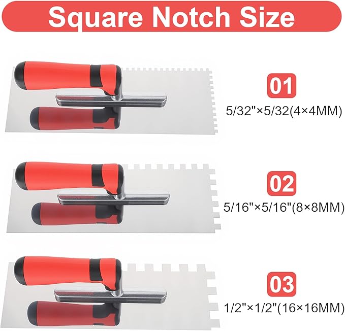3 Pieces Tile Tools Stainless Steel Square Notched Trowel Set (Notch Size: 5/32" & 5/16" & 1/2") Masonry Hand Kit for Wall Floor Tiling Installation, Concrete Tile Trowel Set