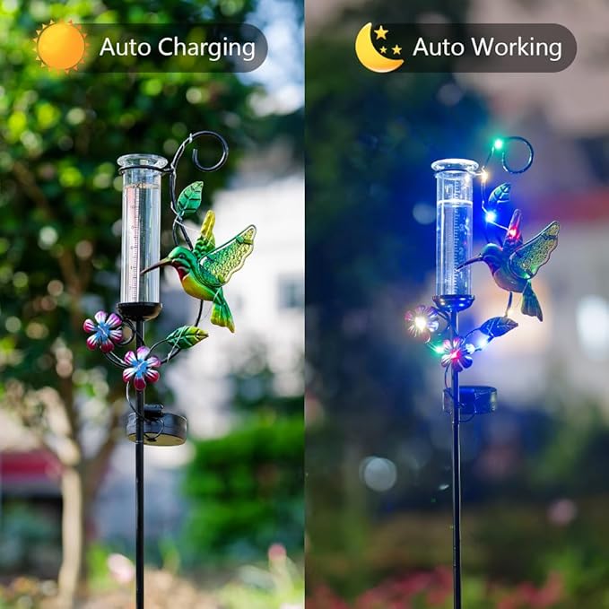 Hummingbird Rain Gauge with 5 Inch Glass Tube, Solar Rain Gauge with LED Lights Rain Water Gauge Decor for Patio, Garden Yard, Measuring Precipitation