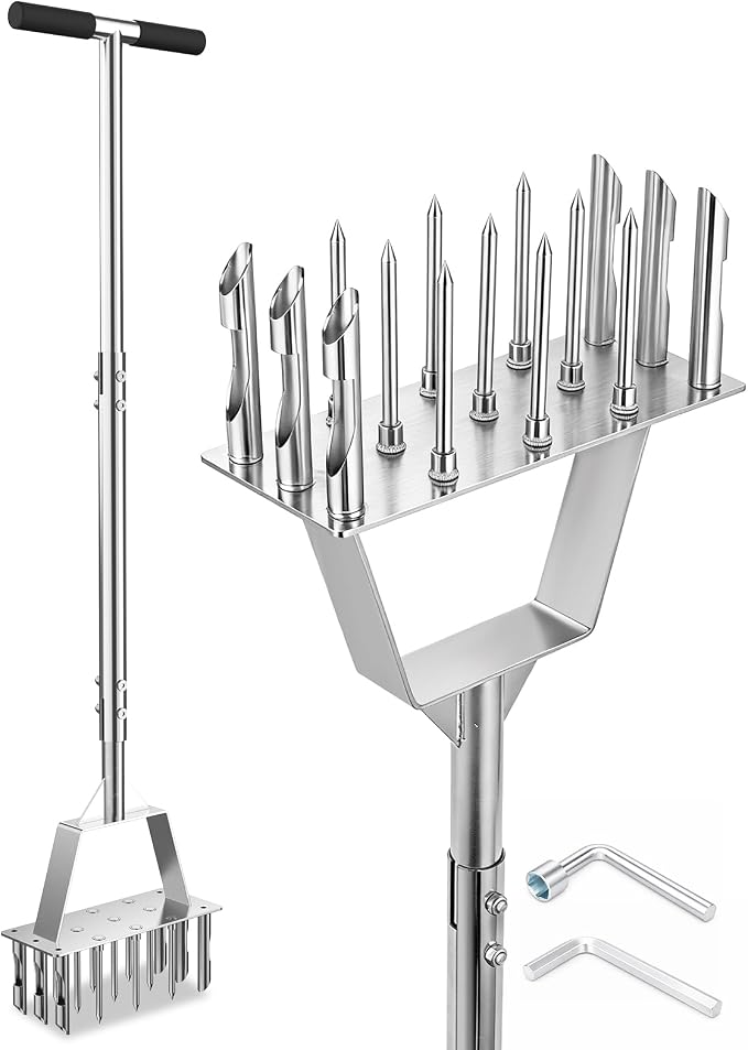 2 in 1 Lawn Aerator & Core Aerator Tool, Stainless Steel Spike Manual Dethatching & Soil Aerator Lawn Tool with 9 Spikes & 6 Cores, Semi-Assembled Grass Aerator for Lawn, Yard Plug Aerator