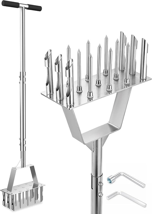 2 in 1 Lawn Aerator & Core Aerator Tool, Stainless Steel Spike Manual Dethatching & Soil Aerator Lawn Tool with 9 Spikes & 6 Cores, Semi-Assembled Grass Aerator for Lawn, Yard Plug Aerator