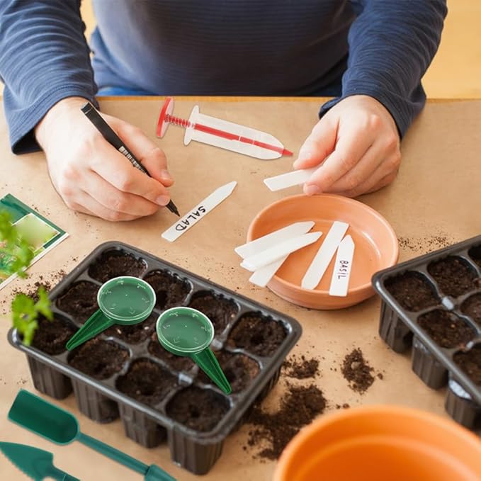Mini Seed Spreader Tool Set 7 Piece, Hand Seed Dispenser for Small Seeds, Dibber and Widger Seedling Tools, Seed Storage Boxes and Labels, Garden Planting Kit