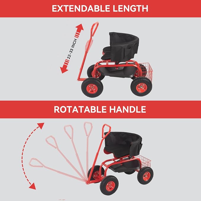 Rolling Garden Cart - Outdoor Workseat with Seat Cushions and Wheels, Heavy Duty Garden Tool Cart with Storage Bracket and Tool Tray for Yard, Planting Gardening Work (Red)
