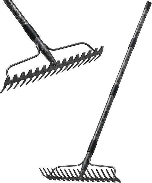 Bow Rake, Detachable Heavy Duty Metal Garden Rake for Loosening Soil, Leveling Lawn, Leaves Cleaning,63 Inch Long Handle Yard Rock Rake for Gardening,17 Prongs Leaf RakeThatch Rake for Lawn