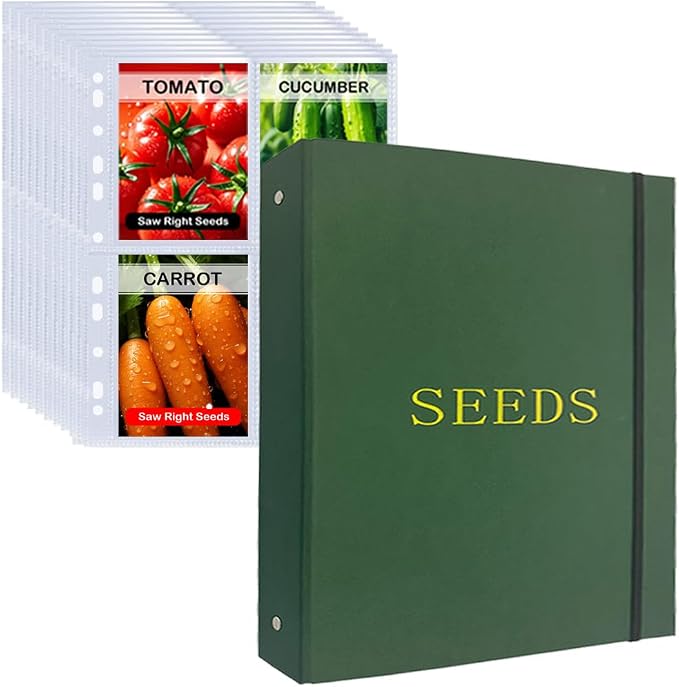 Seed Storage Organizer Binder,3 Ring Seed Packet Organizer with 100 Pockets(25 Pack Clear Sheet Protectors), Garden Seed Holder Book for Envelopes, Seed Saving Keeper, Green