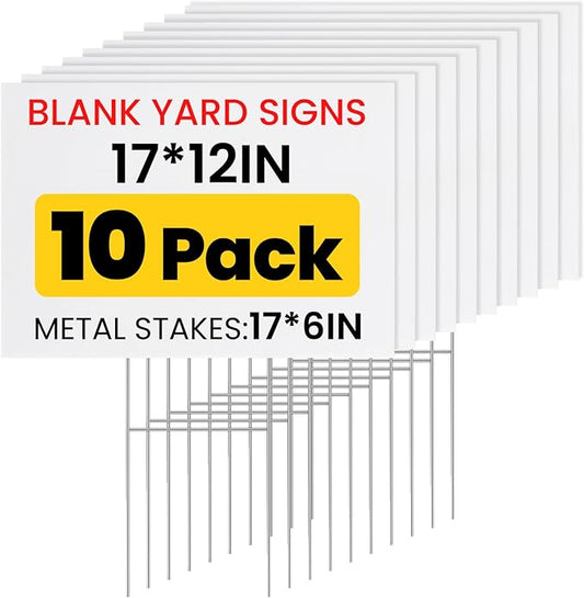 10 Pack Yard Signs with Metal Stakes, Custom Yard 17 x 12 Inches, Corrugated Plastic Board for Sale Sign Outdoor, Rent, Guidepost, Garage Sale Signs, Birthday Party