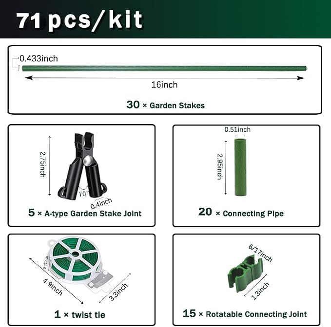 7/16" Garden Stakes,30pcs 16" Plant Stakes DIY 3ft 4ft 5ft 6ft Plant Support Sticks,Plant Support Stake with Sturdy Steel Core to Build Plant Trellis for Outdoor Garden Vegetables