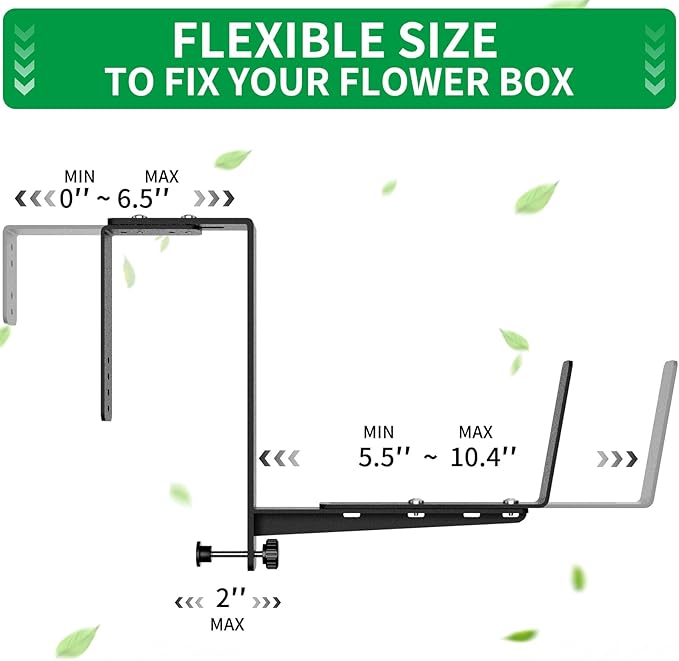 Window Box Brackets, Adjustable Planter Box Brackets, Heavy Duty Iron Flower Box Brackets for Railings, with Enhanced Bottom Support - Perfect for Balconies, Fences, and Gardens (Black, 6 Pack)