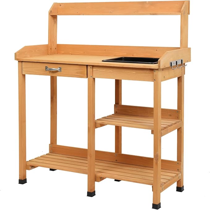 Garden Potting Bench,Wooden Garden Workbench with Storage Shelves for Patio,Backyard and Porch (Burlywood with Drawers and Sink)