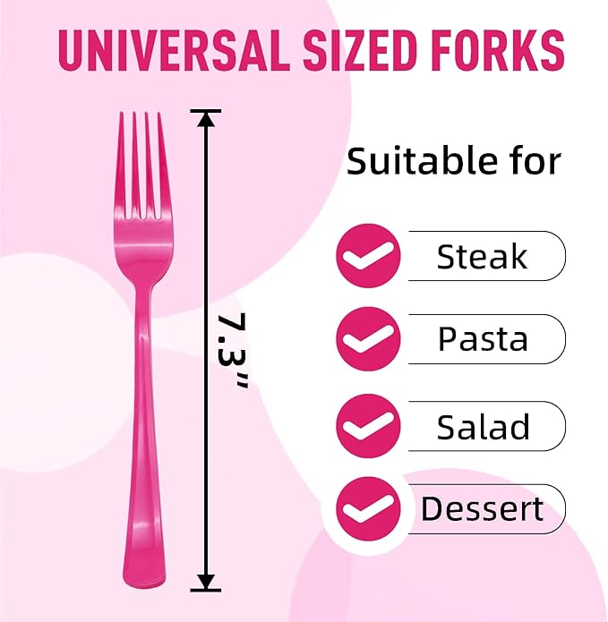 50 Pcs Hot Pink Plastic Forks, Hot Pink Plastic Silverware, Heavy Duty Plastic Cutlery Set Disposable Utensils Sets for Brithday, Wedding, Baby Shower, Bridal Shower