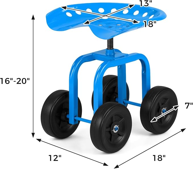 IRONMAX Garden Cart with Seat, Gardening Rolling Stool Scooter with Wheels & Ergonomic Seat for Planting, Wheeled Outdoor Gardening Work Seat for Patio, Yard, Garden (Blue)