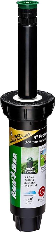 Rain Bird 1804AP8PRS Pressure Regulating (PRS) Professional Pop-Up Sprinkler, Adjustable 0-360° Pattern, 6' - 8' Spray Distance, 4" Pop-up Height