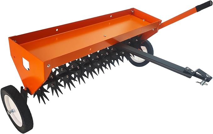 GarveeLife 40 in Tow Behind Aerator, Aerator Lawn Tool with Universal Hitch, Adjustable Handle, Transport Wheels, Lawn Aerator Compatible with Tractors for Garden, Farm and Lawn, Orange
