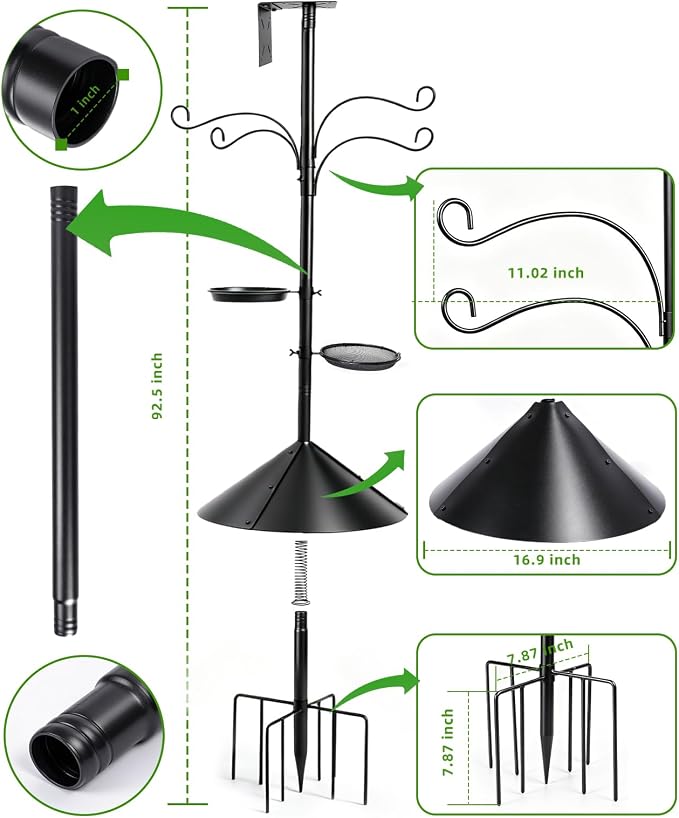 Bird Feeder Pole-92 Inch Heavy Duty Birdhouse Stand with Squirrel Proof Baffle for Outdoor, Adjustable Bird Feeding Station with Multi Shepherds Hooks Mental Trays (Black 9-Claw Base)
