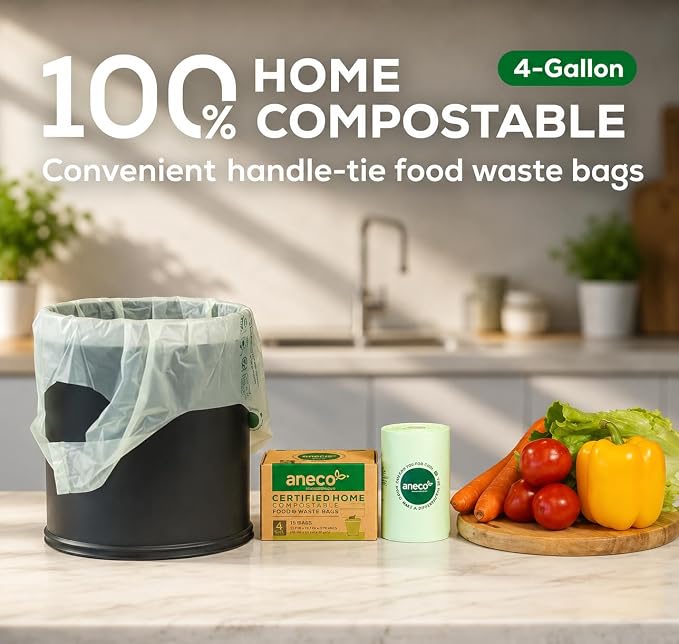 ANECO 4 Gallon Compostable Food Waste Bags with Handles, 30 Count | Extra Thick, For Medium Kitchen Garbage/Bathroom Bin, OK Compost HOME Certified, BPI Certified