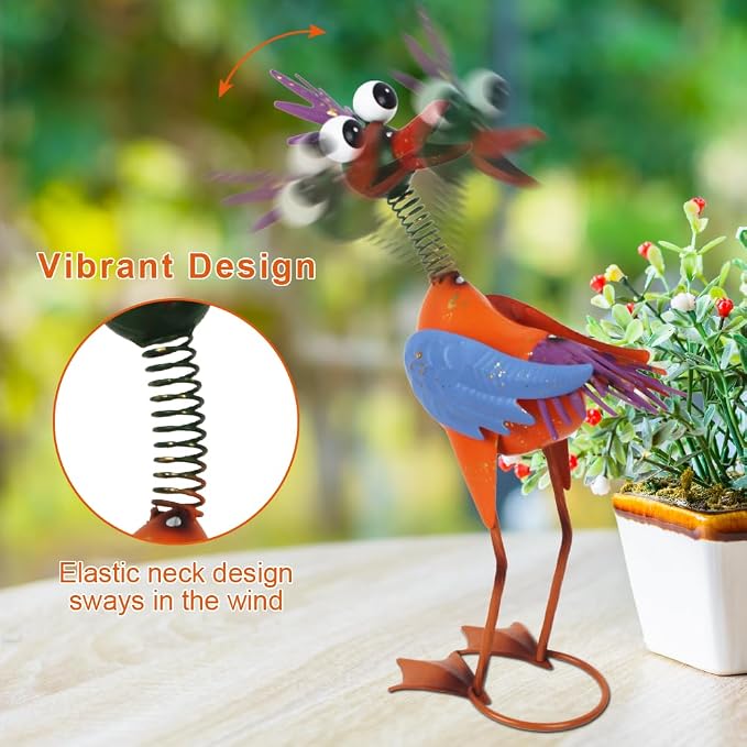 Metal Wacky Rooste Garden Statue, 16.54‘’ Rooster Decor Yard Statue Decorations Outdoor, Chicken Yard Art for Outside, Patio, Backyard, Lawn (Yellow & Blue)