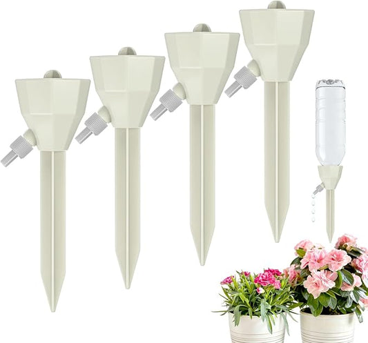 M METERXITY 4-Pack Self Watering Spikes for Plants, 5.3 Inch Plastic Plant Watering Devices with 4 Stoppers for Indoor/Outdoor Pots, Garden Water Planter System [Beige]
