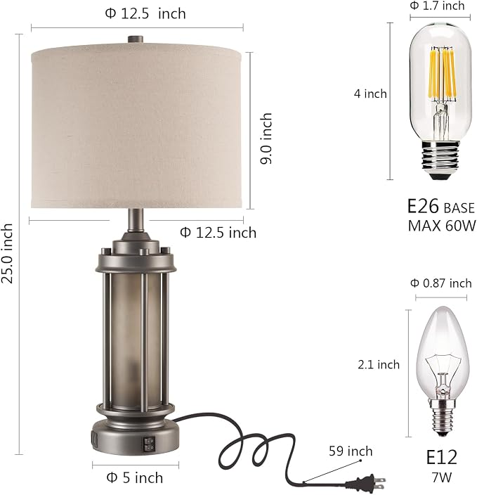 AIEAMPDO Set of 2 Farmhouse Bedroom Table Lamps with 2 USB C+A Ports | Rustic Vintage Design With Amber Glass Nightlight. Table Lamps For Living Room, End Table And Entryway, 4 Bulbs Included