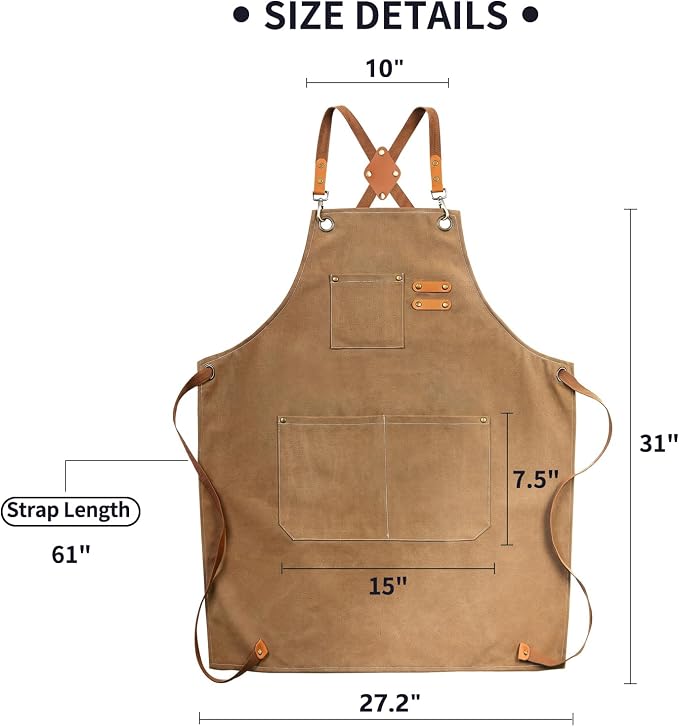 ZOMAO Chef Apron, Cotton Canvas Cross Back Apron with Pockets for Women and Men,Adjustable Strap and Large Pockets Apron,Kitchen Cooking Baking Bib Apron