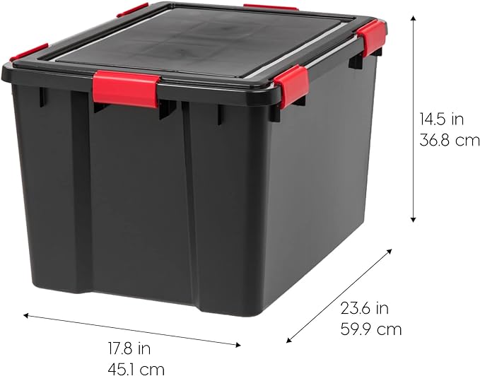 IRIS USA WeatherPro 74 Qt Storage Bins with Lids, 4 Pack, BPA-Free Plastic Gasket Box with Tight Latch and Seal, Stackable Nestable Tote Tub - Black/Red