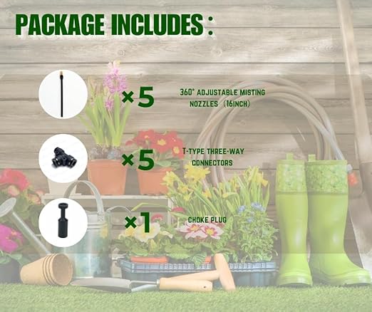 5pk Brass Misting Nozzles Tee 16 inch 360 Degree Adjustable Copper Sprayer, Compatible with1/4 trubing Hose Watering Plant Drip Irrigation Pneumatic Fittings Connection for Watering Garden（16inch）