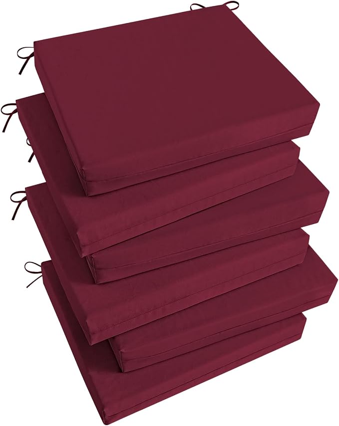 Basic Beyond Outdoor Chair Cushions Set of 6, Square Corner Outdoor Cushions for Patio Furniture, Water Resistant Patio Chair Cushions with 2 Ties, 18.5x16x3, Burgundy