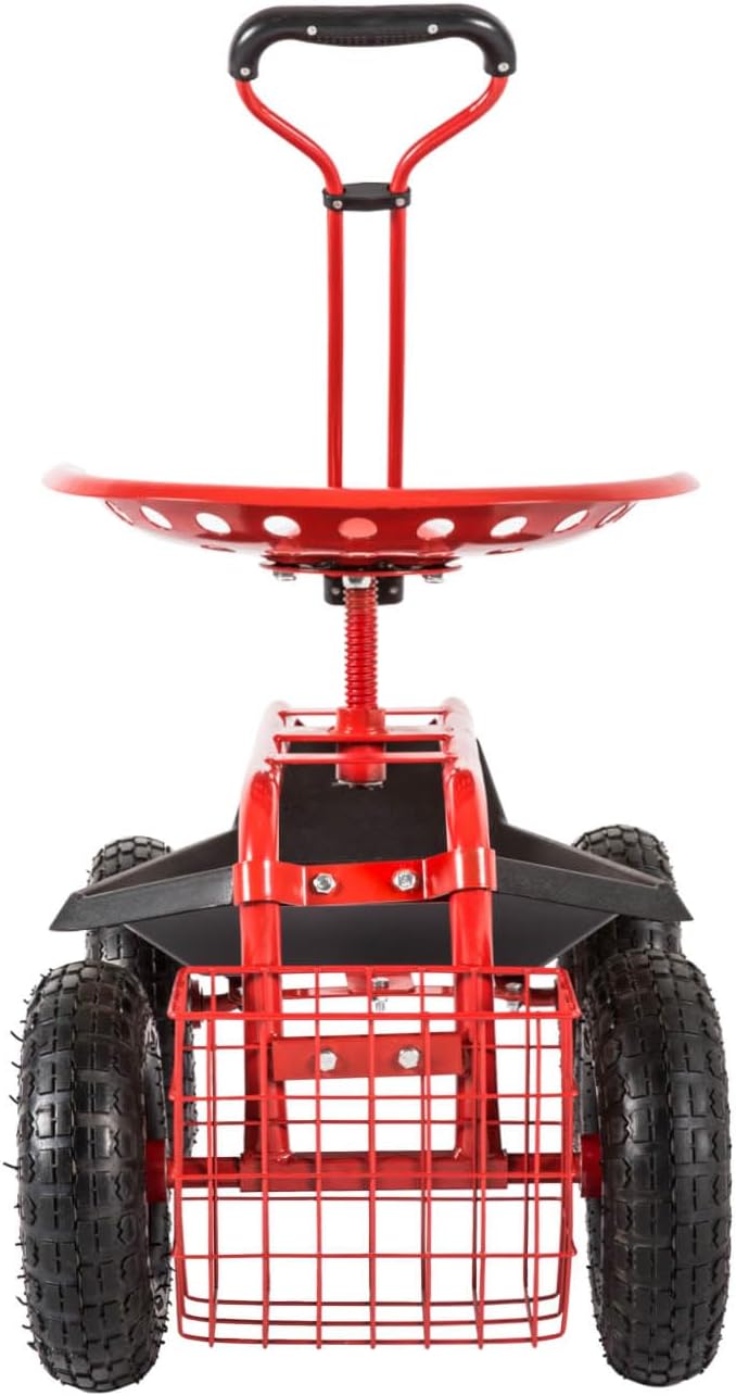 KINTNESS Garden Cart Seat Rolling Scooter Wagon with Extendable Steering Handle Swivel Seat & Utility Basket Red