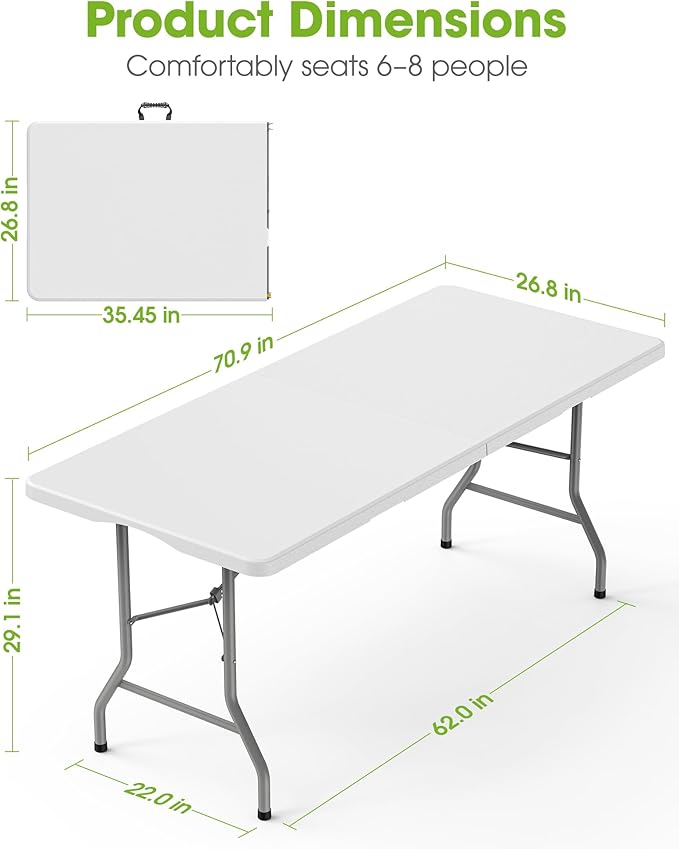 Pureegg 6FT Folding Table - No Assembly Required, Versatile Dining Table with Carrying Handle & Tabletop Safety Lock, Portable Foldable Table for Party, Craft, Camping, Picnic, White