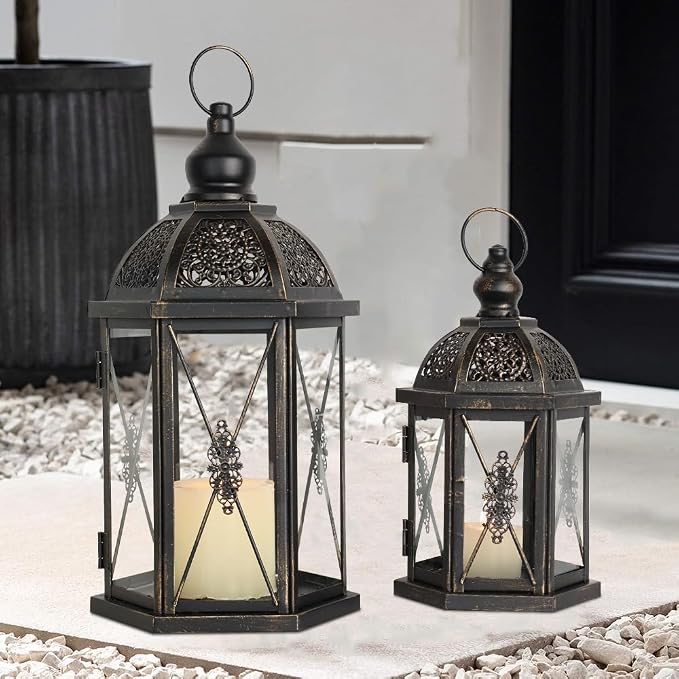 Large Lantern Decorative Outdoor & Indoor, Set of 2 (15’’&10’’) Metal Candle Lanterns Decor, Vintage Hanging Candle Holder for Front Porch Patio Wedding Farmhouse Home, Spring Decoration