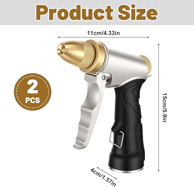 2 Pcs Heavy Duty Metal Garden Hose Nozzle, High Pressure Sprayer with Adjustable Patterns for Watering Plants, Car Washing, Pet Showering