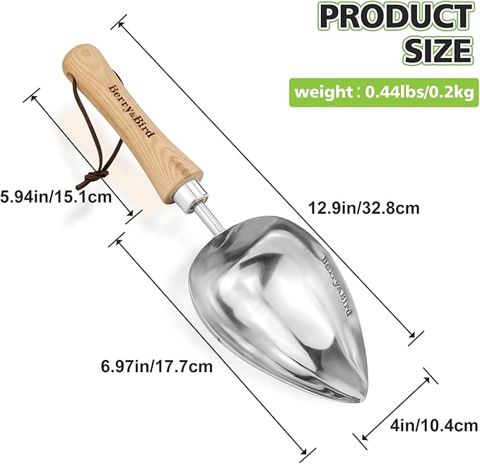 Berry&Bird Garden Oversized Soil Scoop, Stainless Steel Gardening Trowel with Wood Handle Multi Function Hand Shovel Spade Spoons for Transplanting, Planting & Cultivation