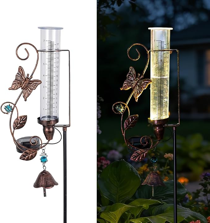 Rain Gauge Outdoor, Solar Rain Gauges with 7" Plastic Tube, Butterfly Metal Rain Gauge with Decorative Bell for Garden Yard Lawn Decor