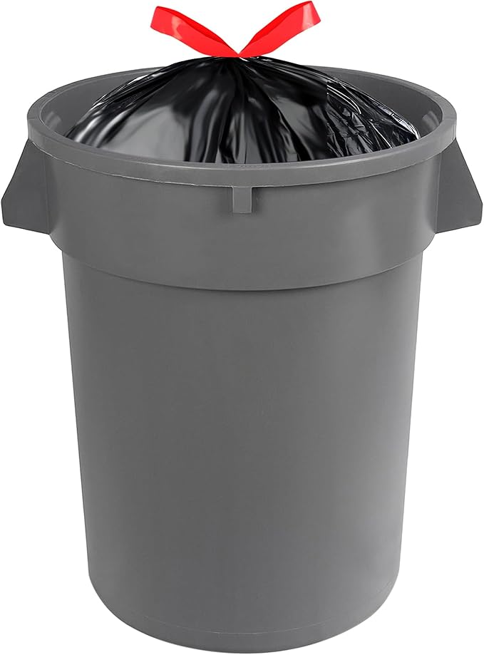 Amazon Basics 30 Gallon Multipurpose Drawstring Trash Bags, 20% Post Consumer Recycled, Black with Red Drawstring, 50 Count