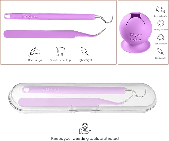 iVyne Berry and Silicone Weeding Tools - Suction Vinyl Weeder, Craft Tweezer, Scrap Collector Holder, Storage for Cricut, Silhouette Accessories - Purple