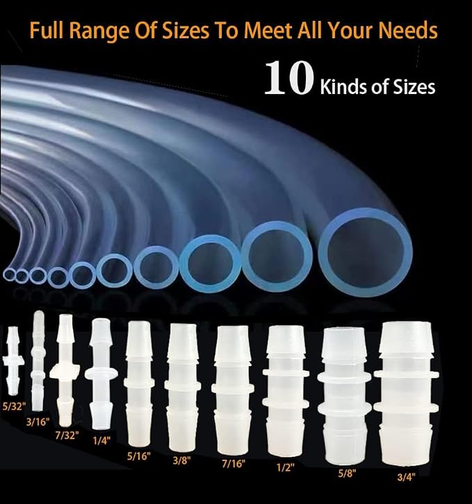 50Pcs Plastic Hose Barb Fittings Assortment, 10 Sizes of Equal Barbed Hose Pipe Fitting Connector Adapter Union Splicer Joint for Air Gas Water Liquid Fuel Line Catheter Tube Pump Adapters