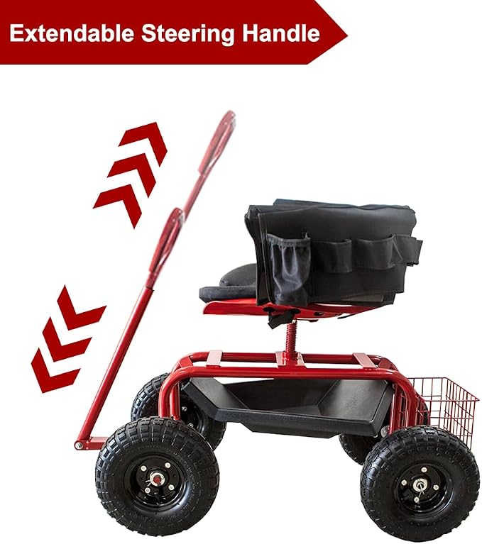THUNDERBAY Garden Cart Rolling Workseat with Wheels, 360 Degree Swivel Seat, Wagon Scooter with Steering Handle & Utility Tool Tray for Planting, with Storage Basket and Tool Pouch, Red