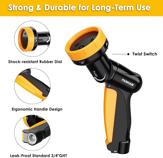 FANHAO 2-in-1 Rotating Garden Hose Nozzle with Sprinkler Function, High-impact ABS+PP Water Hose Sprayer with 4 Spray Patterns, Ergonomic Front Trigger for Lawn & Plant Watering, Car & Pet Washing