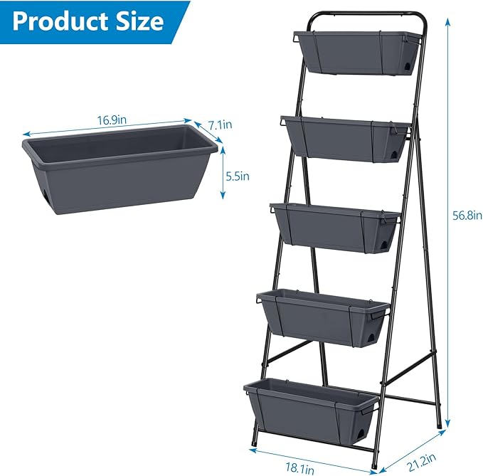 Raised Garden Bed 5 Tier Vertical Planter Standing Herb Garden Elevated Box With Drainage Holes Tall Planters for Outdoor Plants Vegetables Flowers Grey
