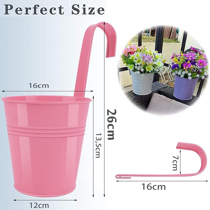 Railing Planters with Drainage Holes, 10 Pack 6.3" x 4.7" x 5.3" Iron Hanging Flower Pots with Removable Hooks for Balcony Fence Garden Suitable Indoor Outdoor, Plant Hanger, 10 Colors