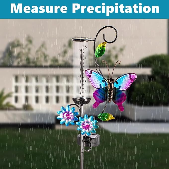 Butterfly Rain Gauge with 5 Inch Glass Tube, Solar Rain Gauge with LED Lights Rain Water Gauge Decor for Patio, Garden Yard, Measuring Precipitation