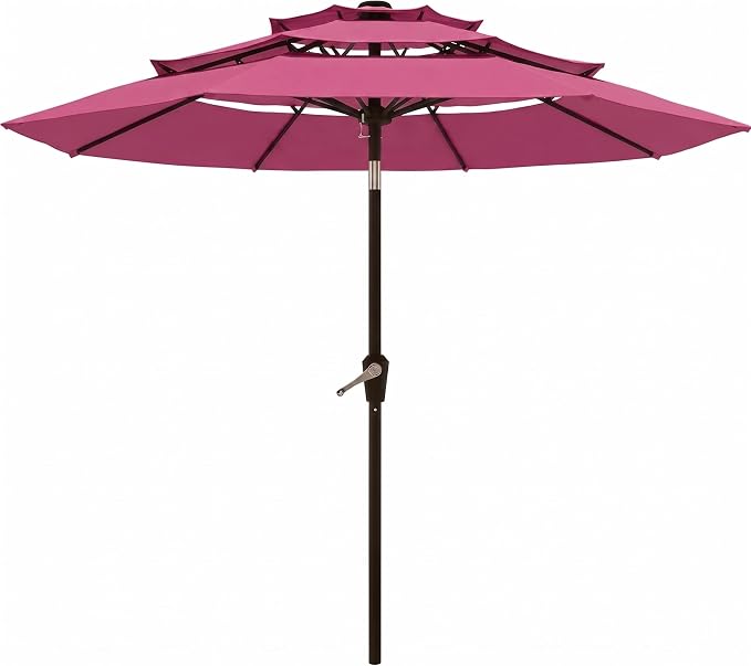 10FT Patio Umbrella 3 Tiers Outdoor Market Umbrella w/Push Button Tilt, Crank, UV and Waterproof Table Umbrella for Garden, Pool, Backyard, Deck, Lawn, Rose Pink