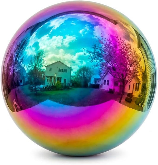 12 inch Diameter Gazing Ball,Rainbow Stainless Steel Polished Reflective Smooth Garden Sphere Globe Mirror,Colorful and Shiny Addition to Any Garden or Home