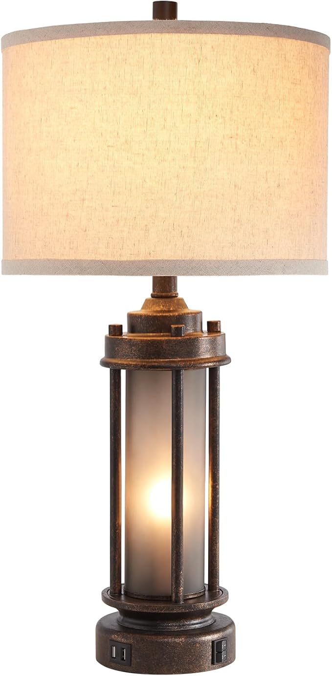 AIEAMPDO 25" Farmhouse Lamps for Living Room with 2 USB C+A Ports | Rustic Vintage Design, Frosted Glass Nightlight, Bulbs Included, Retro Desk Lamp