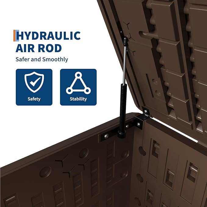 120 Gallon Resin Deck Box, Waterproof & Lockable Patio Storage Box with Hydraulic Lid for Outdoor Garden Tools, Pool Accessories & Cushions