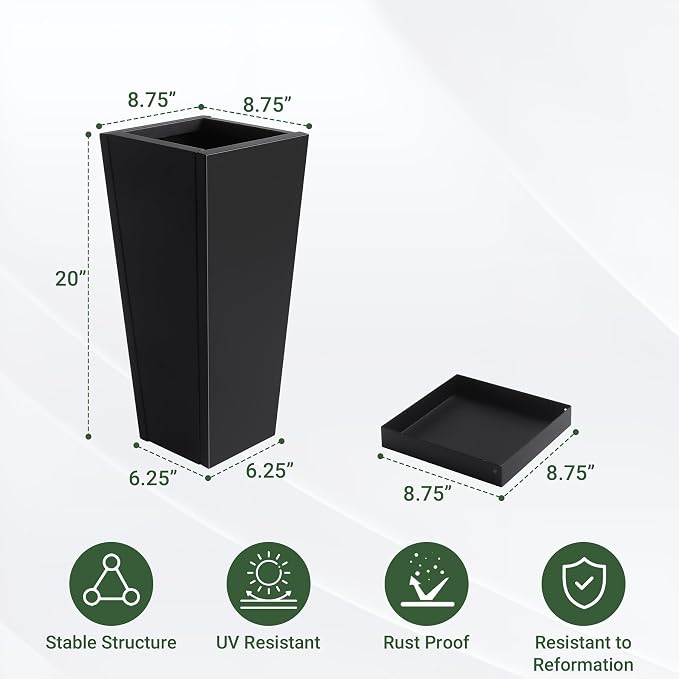 20" Metal Tall Outdoor Planters Set of 2, Durable & Wealtherproof | Tall Planters with Drainage Insert Shelve & Trays, Black Outdoor Planters for Porch, Garden, Yard