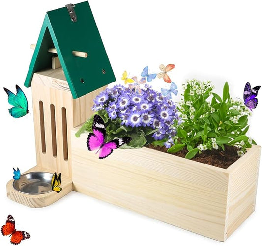 Picowe Butterfly House Wooden Butterfly Habitat Natural Butterfly Nesting Box Garden House with Feeder Hanging (Green, with Plant Holder)