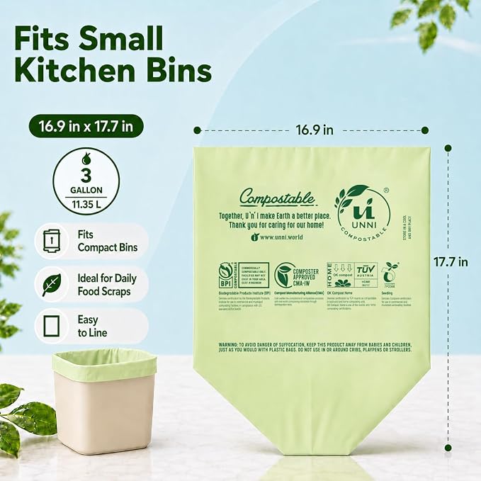 UNNI Compostable Trash Bags, 3 Gallon / 11.35 Liter, 600 Count Value Pack, Extra Thick 0.71 Mil Kitchen Food Scrap Bin Liners, Certified by BPI, CMA & OK compost HOME, Meets the ASTM D6400 Standard